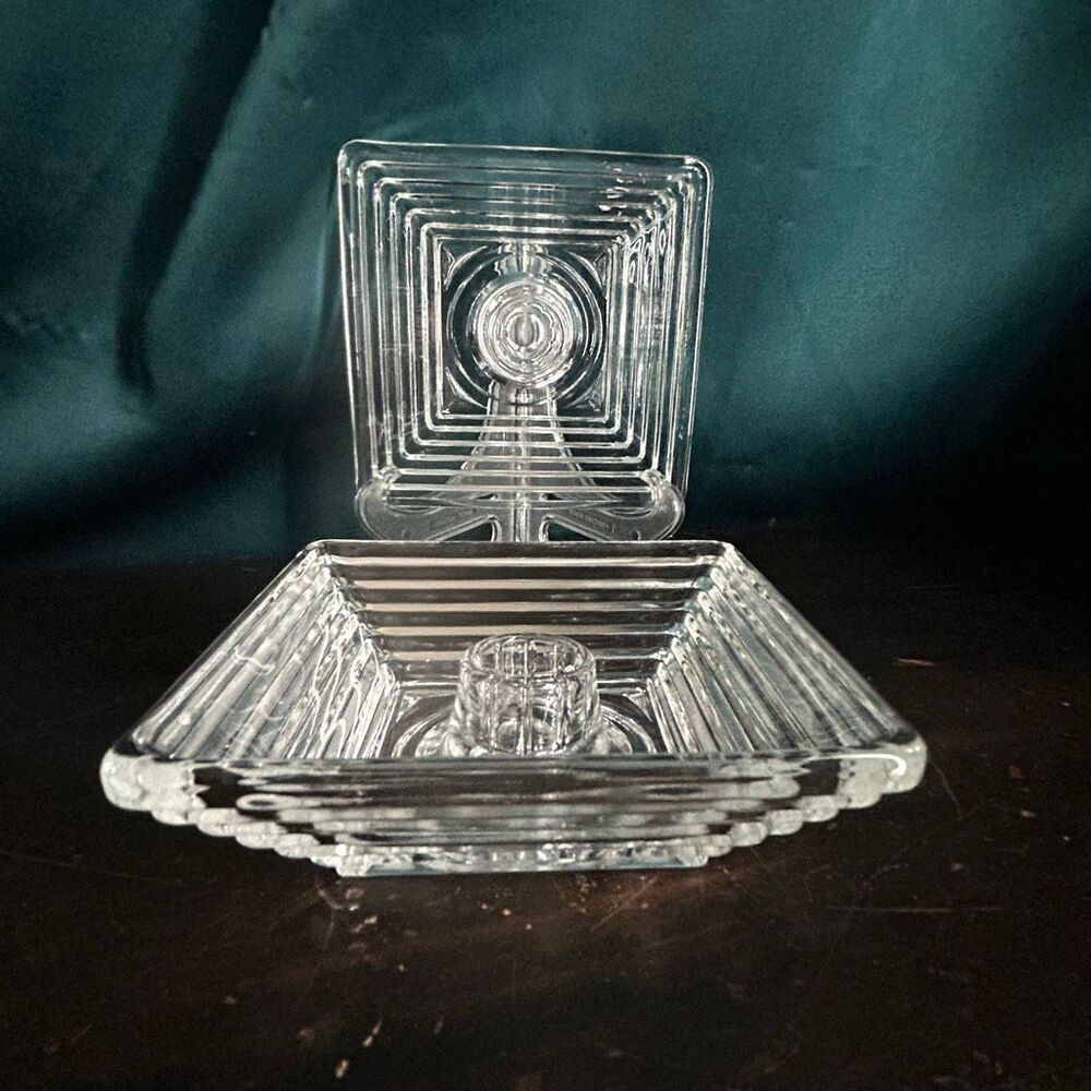 2 Vintage Art Deco Anchor Hocking Clear Manhattan Square Candleholder
